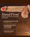 Image of a realistic-looking Raphael Ultra Realistic 9.5 Inch Silicone Dildo with Sliding Foreskin - Caramel by Blush with the text "Stand Firm! Strong Suction Cup & Harness Compatible" written on the right side. Below it are features like "Secure Suction Cup for Hands-Free Use," "Compatible with Harnesses for Versatile Play," and "Strong Hold on Smooth Surfaces." A badge indicates the product is made of platinum cured liquid silicone.