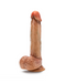 A realistic, caramel-colored Blush Raphael Ultra Realistic 9.5 Inch Silicone Dildo with Sliding Foreskin made of liquid silicone with detailed veins and textures, including a pair of testicles at the base and a suction cup for hands-free use.