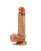 A realistic, flesh-colored Blush Raphael Ultra Realistic 9.5 Inch Silicone Dildo with Sliding Foreskin - Caramel stands upright on a plain white background. Crafted from liquid silicone, it features detailed textures and veining, and has a suction cup base for stability.