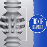 Graphic design depicting a Rize Reakt Self Lubricating Extra Soft Stroker - White with stylized fingers positioned to tickle, separated from a blue strip with text by a white border.