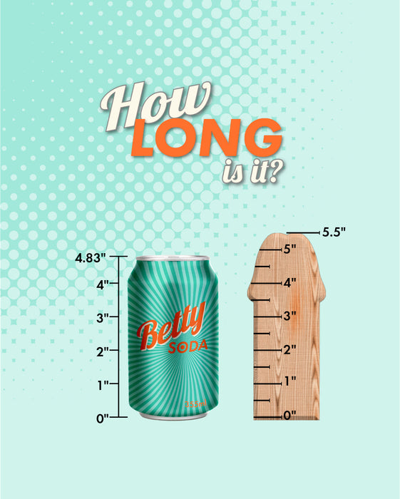 A comparison of the height of a Romp Piccolo First Time 5 Inch Silicone Dildo and a wooden ruler demonstrating the silicone dildo's height of approximately 4.83 inches, with the phrase "how long is it?" displayed above.