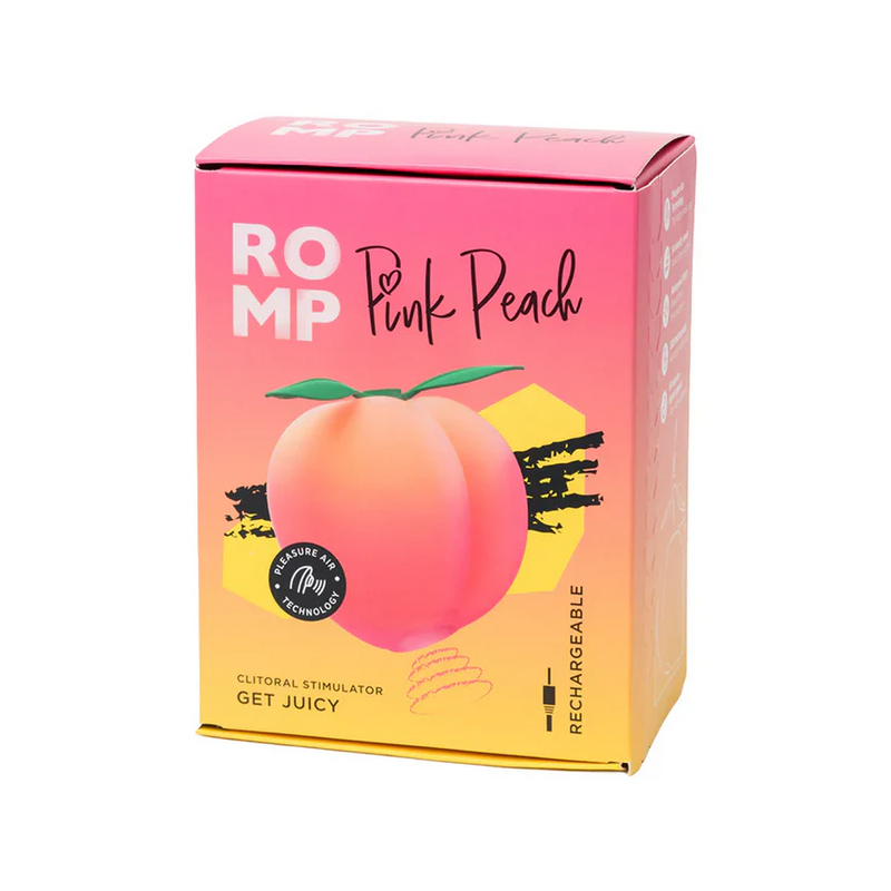 Romp Pink Peach clitoral stimulator box with peach graphic, "Pleasure Air Technology" and "Rechargeable" text.