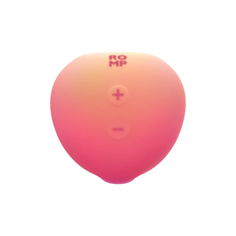 Romp Peach Pleasure Air Clitoris Stimulator in soft peach silicone with "+" and "-" buttons.