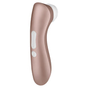 The Satisfyer Pro 2 Pressure Wave Clitoral Stimulator with Vibration is a rose gold handheld device with a curved design, white buttons, and a white silicone tip for gentle clitoral air pulsation.