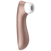 The Satisfyer Pro 2 Pressure Wave Clitoral Stimulator with Vibration features a rose gold and white design, a curved body, and a soft silicone tip for targeted clitoral stimulation.