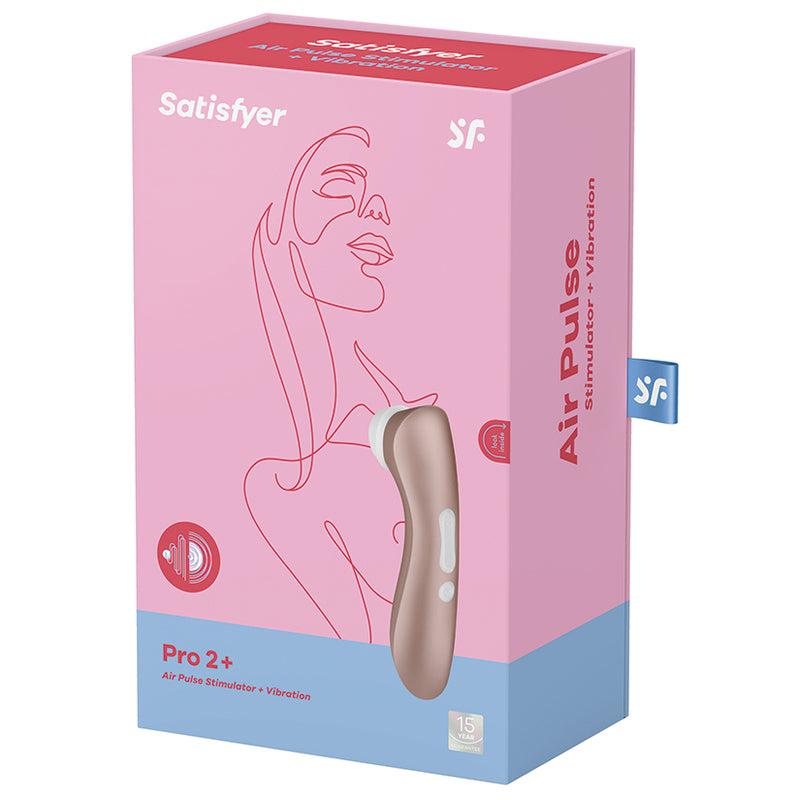 A pink and red box for the Satisfyer Pro 2 Pressure Wave Clitoral Stimulator with Vibration features a woman's face outline, product branding, device image, and a label highlighting its clitoral air pulsation technology.