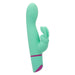 The Love Bunny Rockin’ G Triple Motor Rabbit Vibrator is a mint green silicone toy with a curved shaft, dual stimulating extensions, a purple accent at the base, and powerful triple motors for intensified G-spot pleasure.