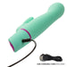 The Love Bunny Rockin’ G Triple Motor Rabbit Vibrator in turquoise is shown with its USB charging cord plugged in; the coiled cord rests nearby on a white background. Text reads: "USB CHARGING CORD INCLUDED.