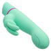The Love Bunny Rockin’ G Triple Motor Rabbit Vibrator is a mint green silicone toy with a curved design, two base extensions, and a pink accent ring—expertly made for intense G-spot pleasure.