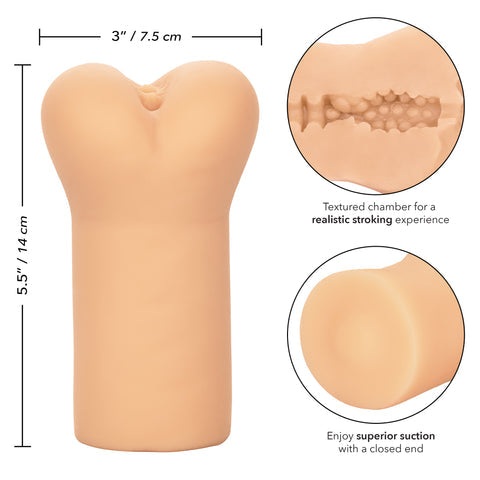 The Cheap Thrills The French Maid Ass Stroker - Vanilla is a beige, cylindrical stroker made of lifelike PureSkin, with a heart-shaped opening, textured inner chamber, closed end for suction, and measures 5.5" x 3" (14 cm x 7.5 cm).