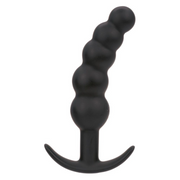 Black silicone Boundless Vibrating X5 beaded curved anal plug with a flared base.