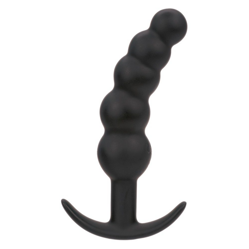 Black silicone Boundless Vibrating X5 beaded curved anal plug with a flared base.
