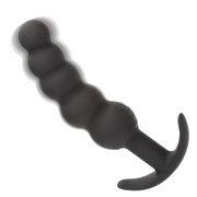 Black silicone Boundless Vibrating X5 Beaded Curved Anal Plug with a flared base and five graduated beads.