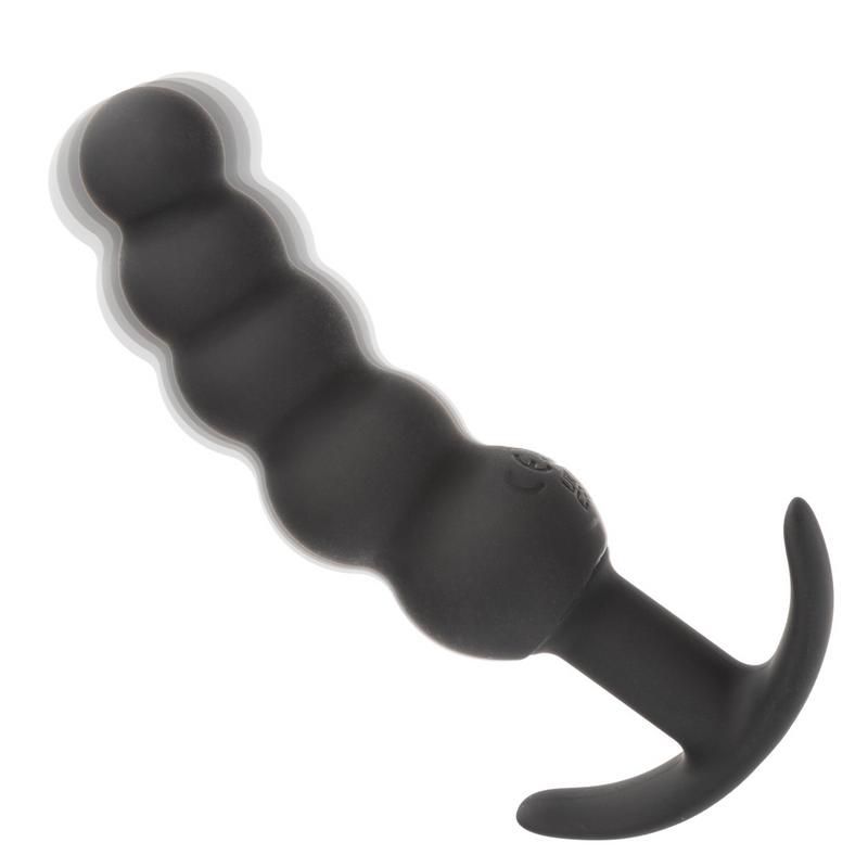Black silicone Boundless Vibrating X5 Beaded Curved Anal Plug with a flared base and five graduated beads.