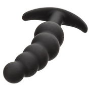 Black silicone Boundless Vibrating X5 Beaded Curved Anal Plug with graduated beads and T-handle base.