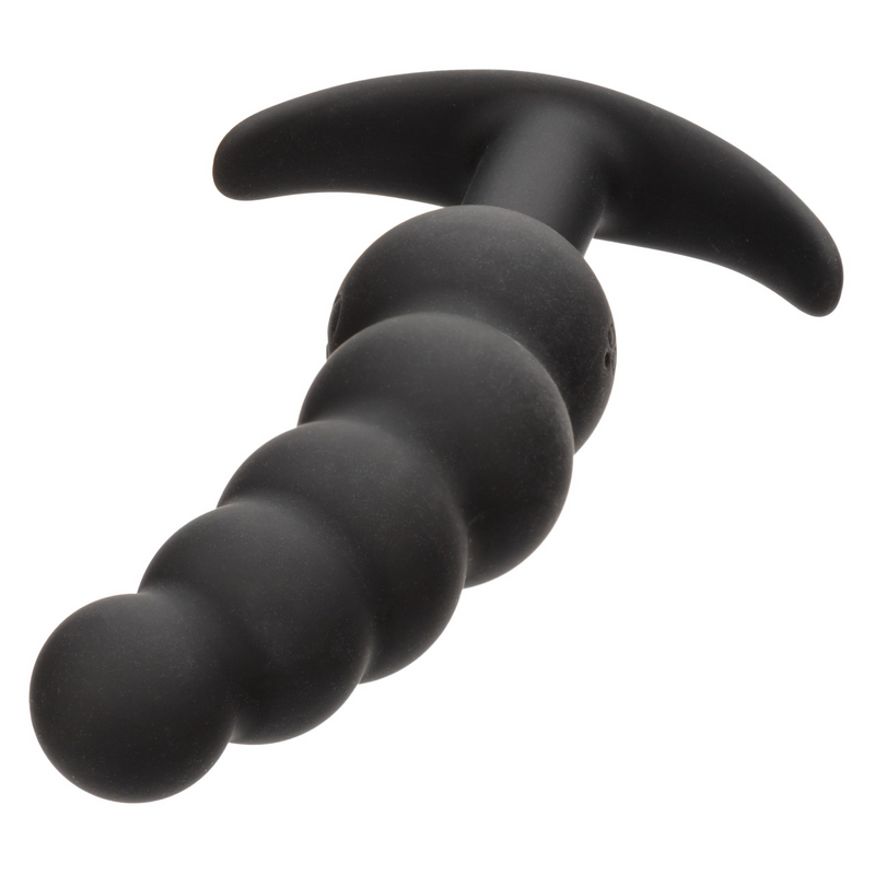 Black silicone Boundless Vibrating X5 Beaded Curved Anal Plug with graduated beads and T-handle base.