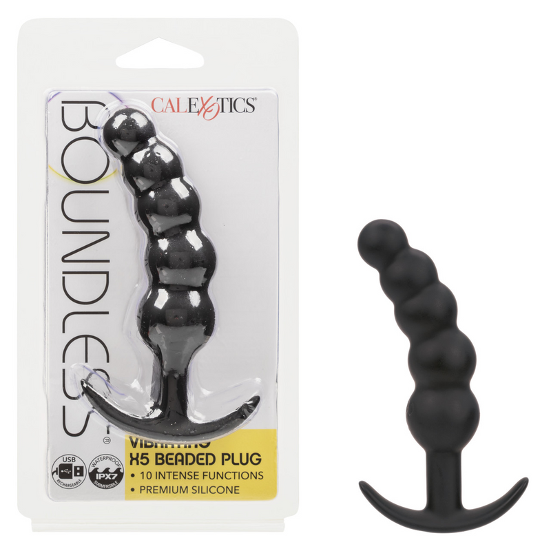 Black silicone Boundless Vibrating X5 Beaded Curved Anal Plug in packaging and standalone.