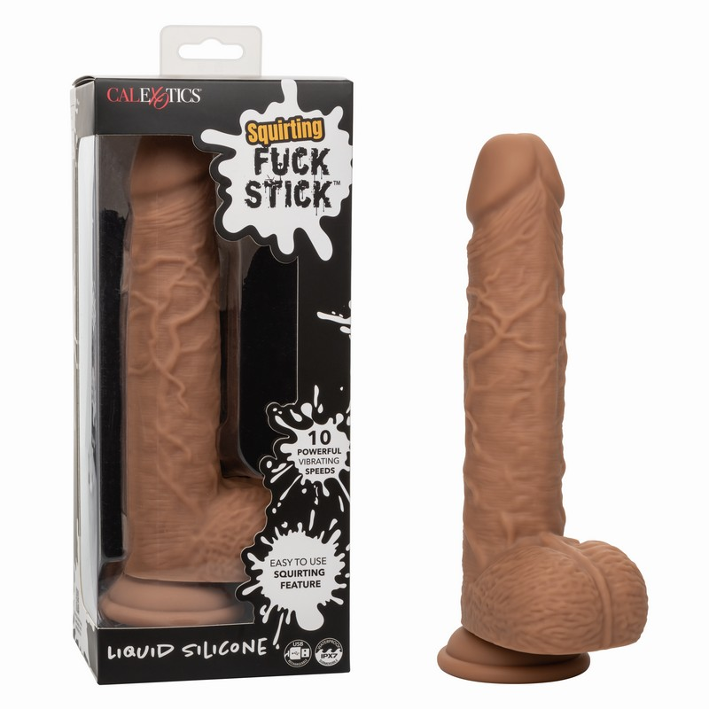 Fuck Stick Rechargeable Vibrating Squirting Dildo with Suction Cup - Mocha