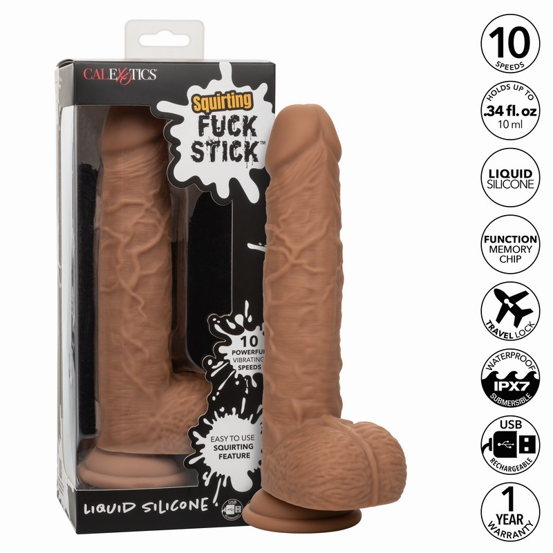 Fuck Stick Rechargeable Vibrating Squirting Dildo with Suction Cup - Mocha