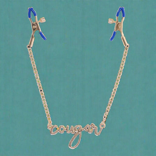 Cougar Nipple Clamps with Gold Chain and 'Cougar' Pendant
