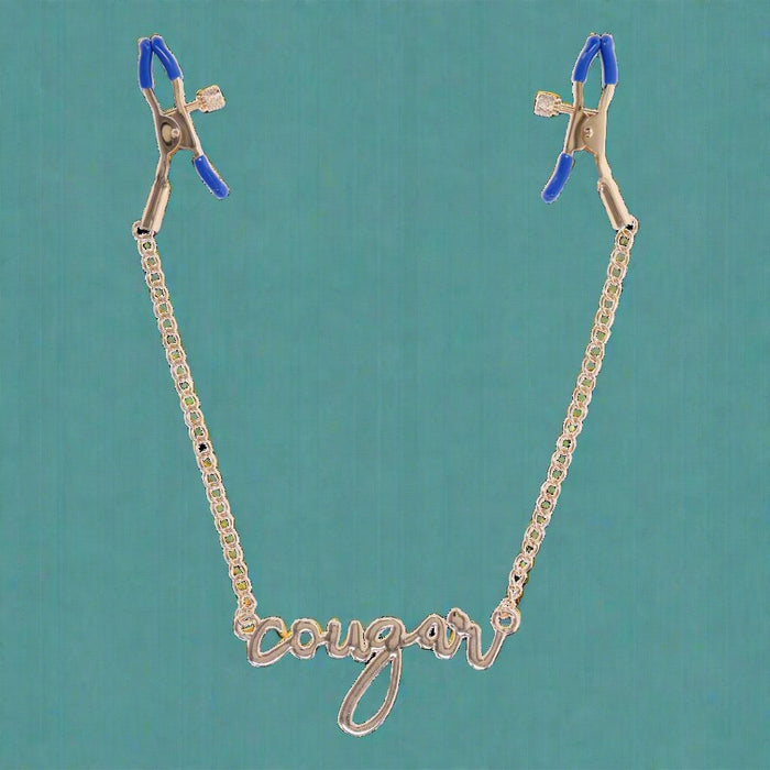 Cougar Nipple Clamps with Gold Chain and 'Cougar' Pendant