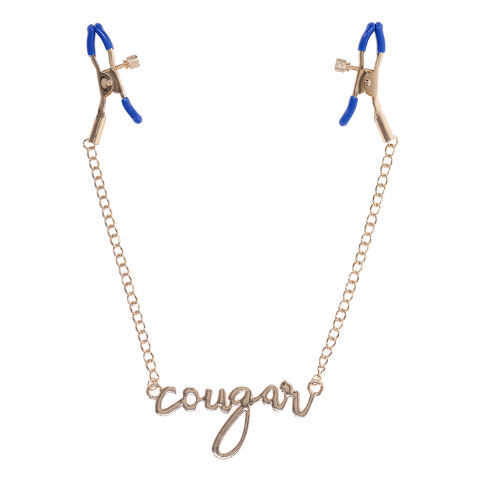 Cougar Nipple Clamps with Gold Chain and 'Cougar' Pendant