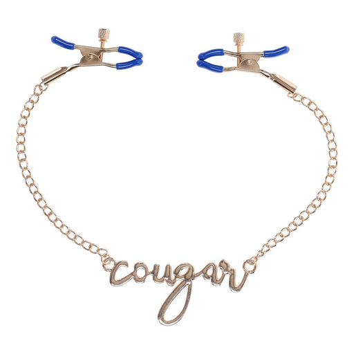 Cougar Nipple Clamps with Gold Chain and 'Cougar' Pendant