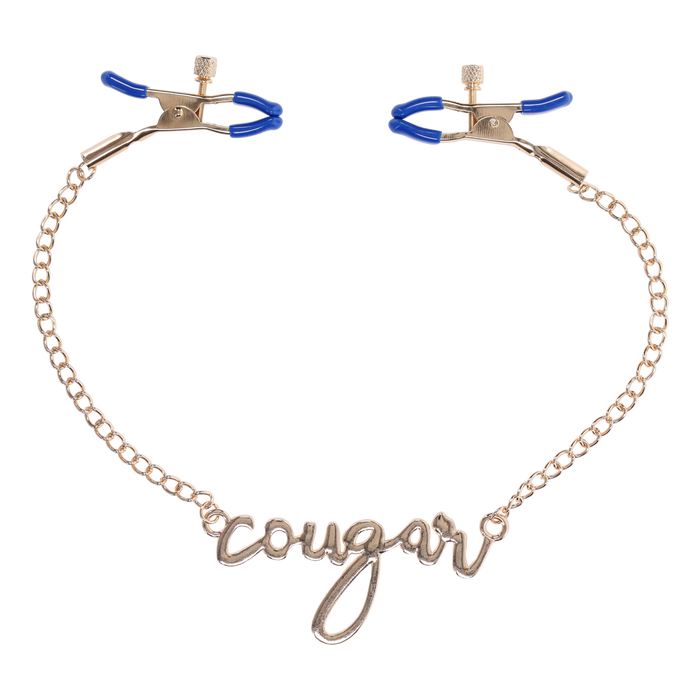 Cougar Nipple Clamps with Gold Chain and 'Cougar' Pendant