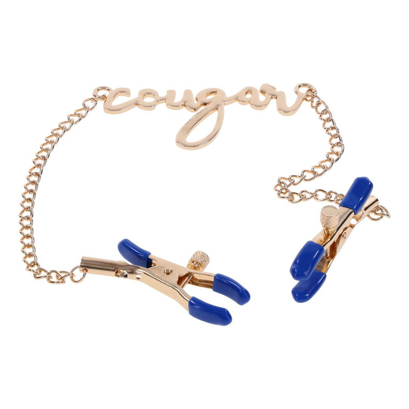 Cougar Nipple Clamps with Gold Chain and 'Cougar' Pendant