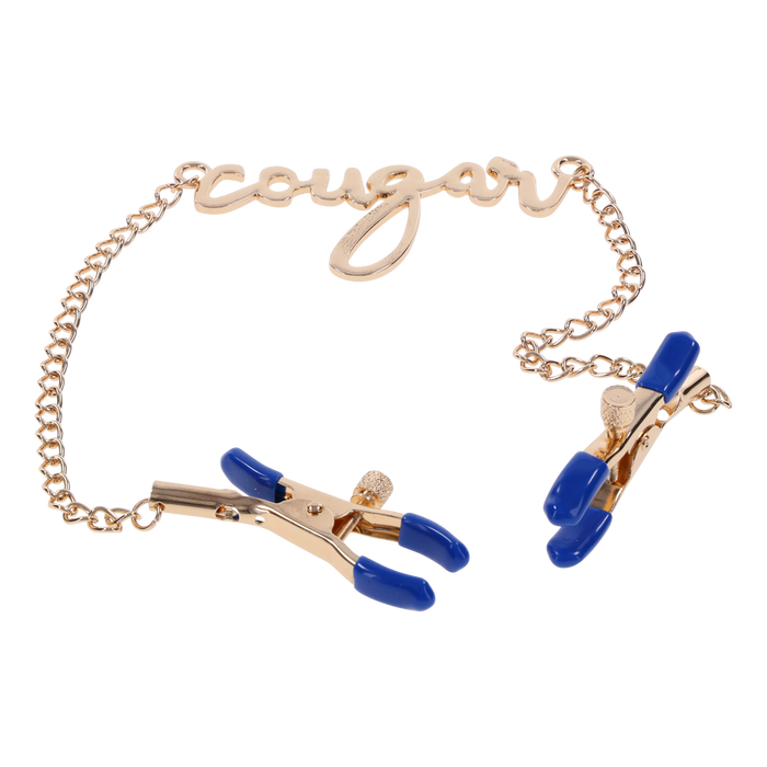 Cougar Nipple Clamps with Gold Chain and 'Cougar' Pendant