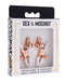 A "Sex & Mischief" package displays Peaches 'n Cream Pearl Nipple Clamps with Bells—rose gold and white, adjustable, and visible through a clear front window.
