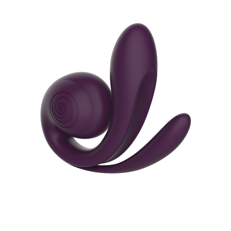SVibe Gizi Pro triple stimulator in deep purple silicone, featuring clitoral, G-spot, and anal arms.