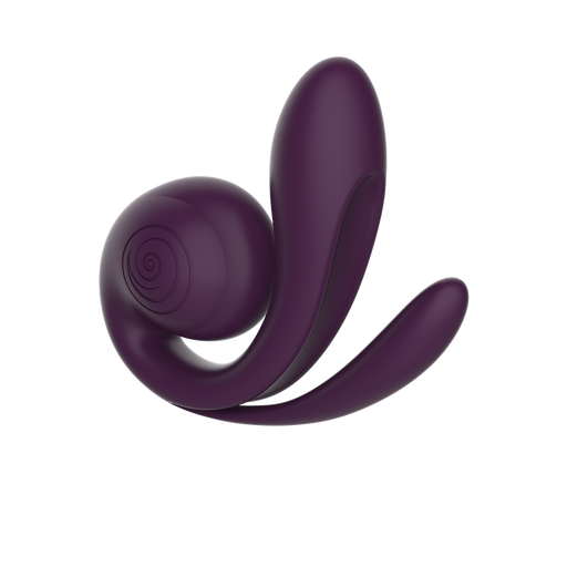 SVibe Gizi Pro triple stimulator in deep purple silicone, featuring clitoral, G-spot, and anal arms.