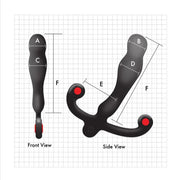 Diagram of the Aneros Eupho Syn V Vibrating Silicone Prostate Massager with Remote, in black silicone, showing labeled sections (A-D), dimensions (E, F), and red-highlighted ends for exploring vibration patterns on a grid background.