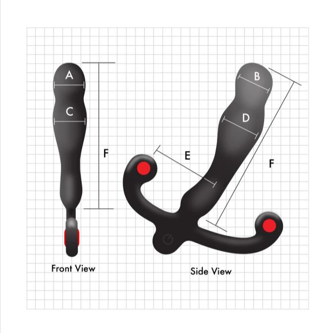 Diagram of the Aneros Eupho Syn V Vibrating Silicone Prostate Massager with Remote, in black silicone, showing labeled sections (A-D), dimensions (E, F), and red-highlighted ends for exploring vibration patterns on a grid background.