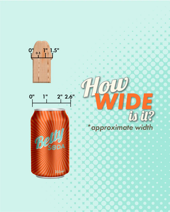 An illustration shows a "CalExotics Silicone Stud 8 Inch Suction Cup Dildo - Orange" with measurements next to a wooden tongue depressor also with measurements. Text beside the images reads, "How WIDE is it? *approximate width." The dildo is marked with widths at 0", 1", 2", and 2.6". This neon-hued delight captivates the eye instantly.