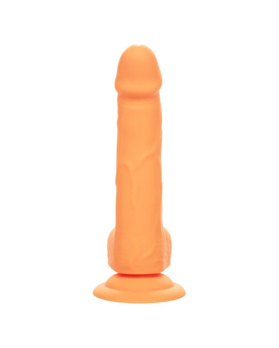 A CalExotics Silicone Stud 8 Inch Suction Cup Dildo - Orange with realistic detailing and a powerful suction cup base, standing upright against a white background.