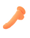 A Silicone Stud 8 Inch Suction Cup Dildo - Orange by CalExotics with a powerful suction cup base and realistic design, including a phallic shape and textured details, provides a neon-hued delight against a white background.