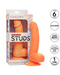 A bright orange silicone dildo measuring 8 inches with a realistic texture, a powerful suction cup base, and compatibility with most harnesses. The item is displayed next to its packaging, which features the product name "Silicone Stud 8 Inch Suction Cup Dildo - Orange" by CalExotics and key features.