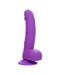 A neon-hued delight, the Silicone Stud 8 Inch Suction Cup Dildo - Purple by CalExotics features a realistic veiny texture and a powerful suction cup base, standing upright against a white background.