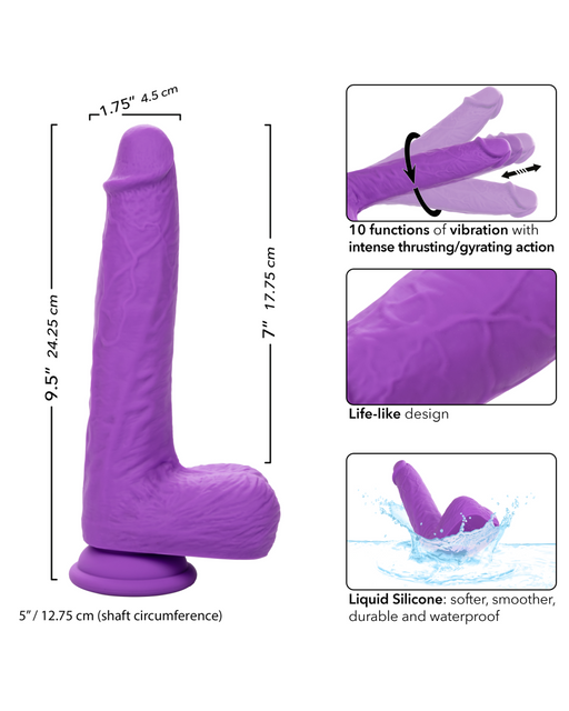 A _Silicone Stud Gyrating & Thrusting 9.5 Inch Purple Dildo_ from _CalExotics_ is shown with measurement details. It is 9.5 inches in length, 1.75 inches in diameter, and has a 5-inch circumference. Features include intense action vibration functions, realistic design, and a base material of silky liquid silicone.