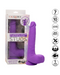 A boxed purple silicone adult toy is shown. The packaging displays the brand "CalExotics" and describes the product as a "Silicone Stud Gyrating & Thrusting 9.5 Inch Purple Dildo." The box also highlights features like a silky silicone finish, 7" length, 10 functions, intense action, waterproof capabilities, and a one-year warranty.