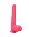 A CalExotics Silicone Stud Rumbling & Thrusting 9.5 Inch Pink Dildo stands upright on a white background. Crafted from silky silicone, it features a realistic design with a textured surface, a pronounced head, and sculpted testicles at the base. The flat base ensures stability for an enhanced experience.