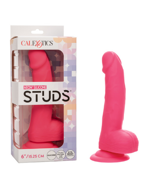 A pink Silicone Stud 8 Inch Suction Cup Dildo - Pink, crafted from body safe silicone, is displayed both inside its packaging and separately against a white background. The packaging features the brand name "CalExotics" and indicates the neon-hued delight is 8 inches (20.3 cm) long, flexible, and includes a powerful suction cup base.