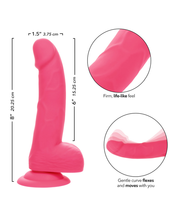 A neon-hued delight, this CalExotics Silicone Stud 8 Inch Suction Cup Dildo - Pink features realistic texture and a gentle curve for flexibility. Measurements include 8 inches (20.25 cm) in length, 1.5 inches (3.75 cm) in diameter, and 6 inches (15.25 cm) insertable length. Made from body-safe silicone for your peace of mind.