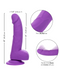 A neon-hued, purple, realistic Silicone Stud 8 Inch Suction Cup Dildo - Purple by CalExotics made of silicone material. It measures 8 inches (20.25 cm) in height and 1.5 inches (3.75 cm) in width. Insets highlight the item’s life-like feel and flexible, gentle curve, with measurements shown in both inches and centimeters within the image.