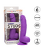 A neon-hued delight, the Silicone Stud 8 Inch Suction Cup Dildo - Purple from CalExotics is showcased in a clear-topped box labeled "Neon Silicone Studs." Boasting 6 inches of premium silicone material, it's compatible with most harnesses and features a powerful suction cup base and a 1-year warranty.