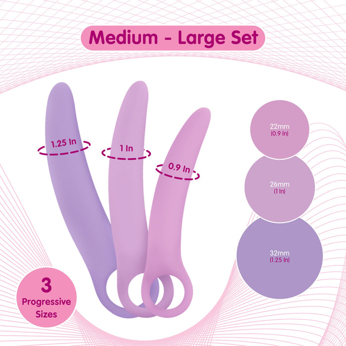 The Skins Care Curved Vaginal Dilators 3-Piece Set (Medium/Large) features pastel medical-grade silicone dilators with ring handles in widths of 0.9", 1", and 1.25". Text reads "Medium - Large Set" and "3 Progressive Sizes" with clear size charts.