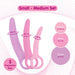 The Skins Care Curved Vaginal Dilators 3-Piece Set (Small / Medium) includes pink and purple medical-grade silicone dilators with finger loops in small, medium, and large sizes: 0.55", 0.7", and 0.9" diameters, promoting pelvic health.