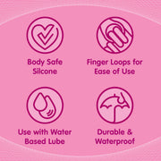 Four icons on a pink background highlight Skins Care Curved Vaginal Dilators 3-Piece Set (Small/Medium): medical-grade silicone, finger loops for easy use, water-based lube compatible, and durable & waterproof—ideal features for pelvic health.